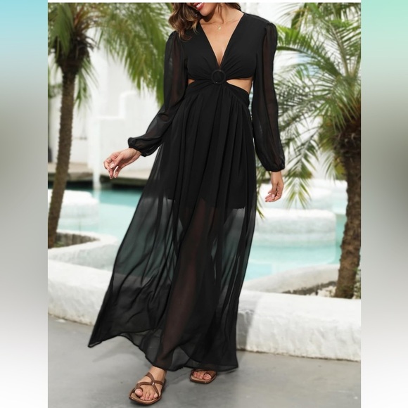 Romantic Black Waist Cut Out Long Sleeve Flowy Long Maxi Beach Dress NWT Size 10 - Picture 1 of 8